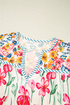 Pink Plus Size Floral Print Striped Trim V Neck Blouse Plus Size Tops 37b806f2edc7b5b8