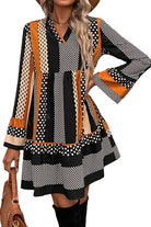 Black Striped Polka Dot Print Ruffle Hem V Neck Loose Mini Dress Short Dresses 37b8759b703341be