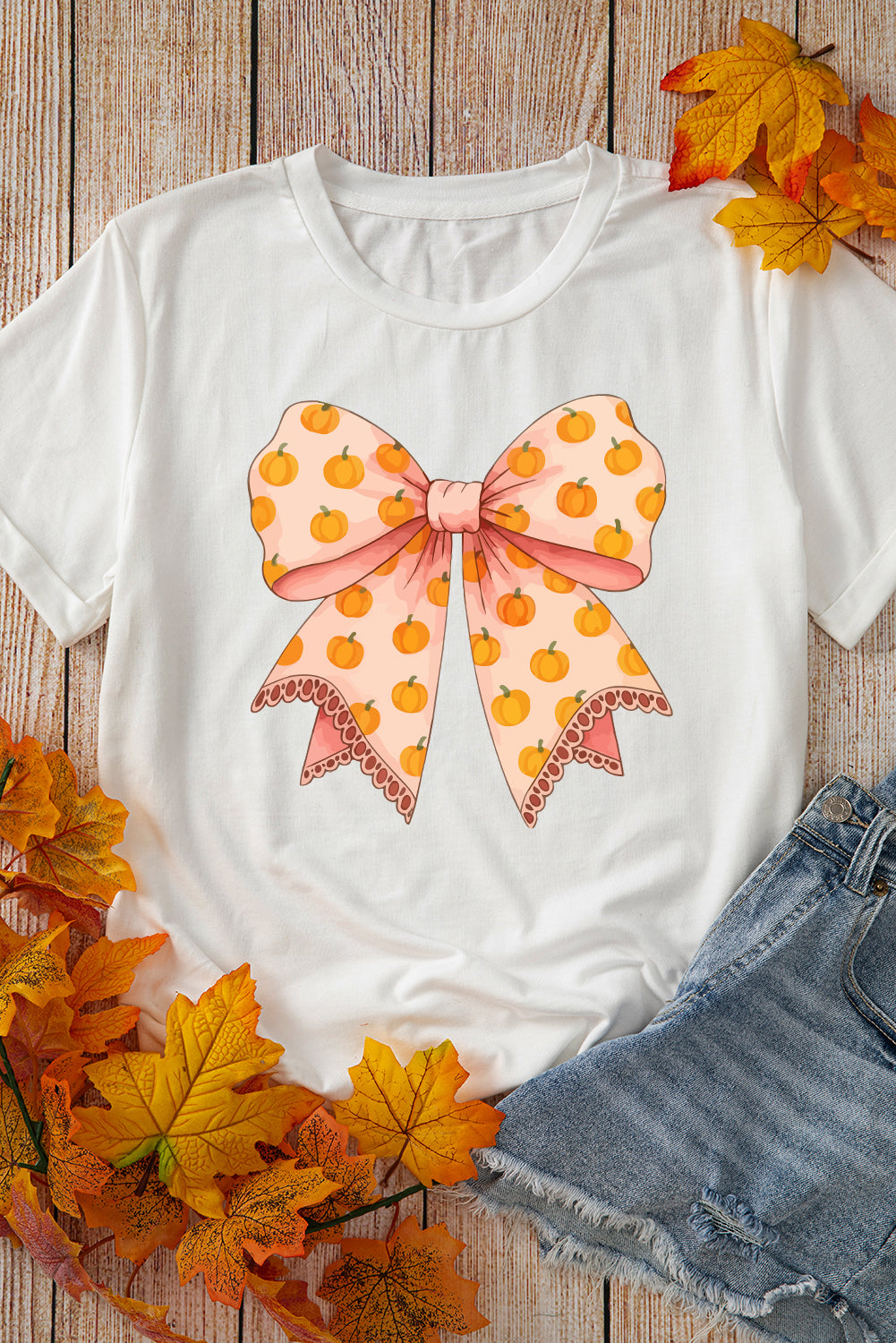 White Pumpkin Bow Heat Transfer Printing Thanksgiving T Shirt Graphic Tees 37d6d0bf8cc0dfb5
