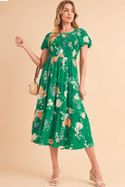 Green Floral Print Bubble Sleeve Smocked Tiered Midi Dress Midi Dresses 37d7a4026da5bb9b