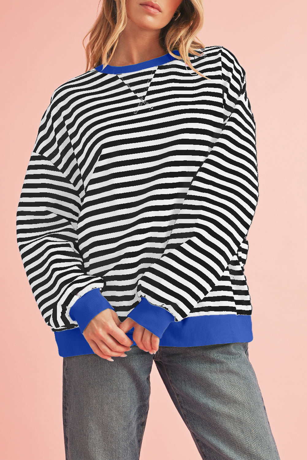 Blue Stripe Contrast Edge Cross Seam Oversized Pullover Sweatshirts & Hoodies 38161012072394b1