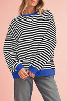 Blue Stripe Contrast Edge Cross Seam Oversized Pullover Sweatshirts & Hoodies 38161012072394b1