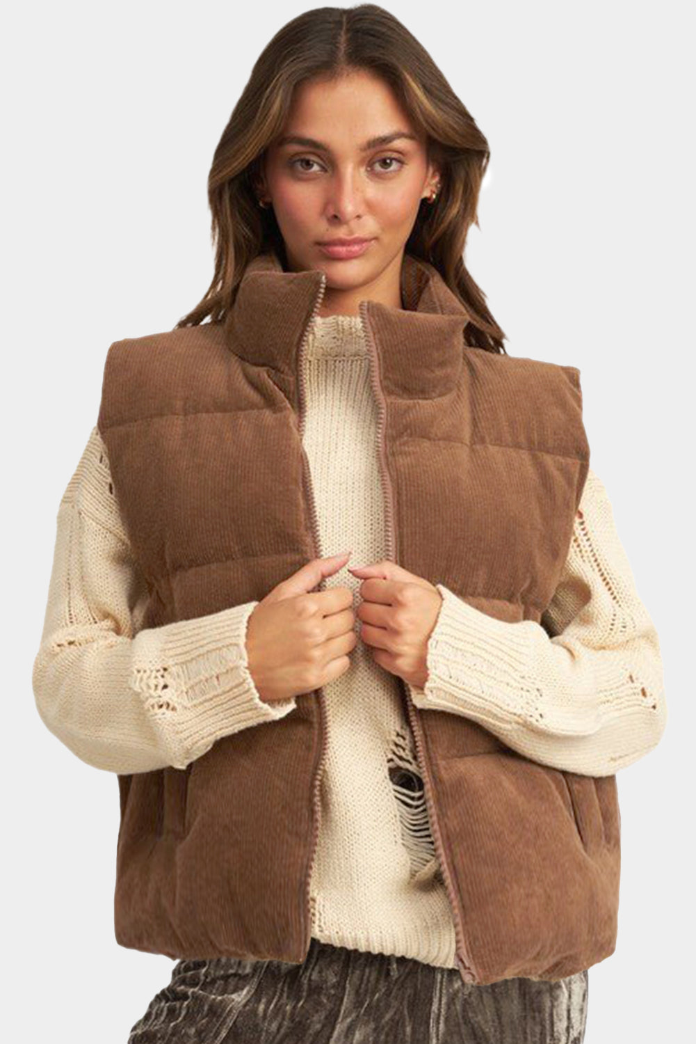 Beige Corduroy Stand Neck Zipped Puffer Vest Vests 38a009baec49def2