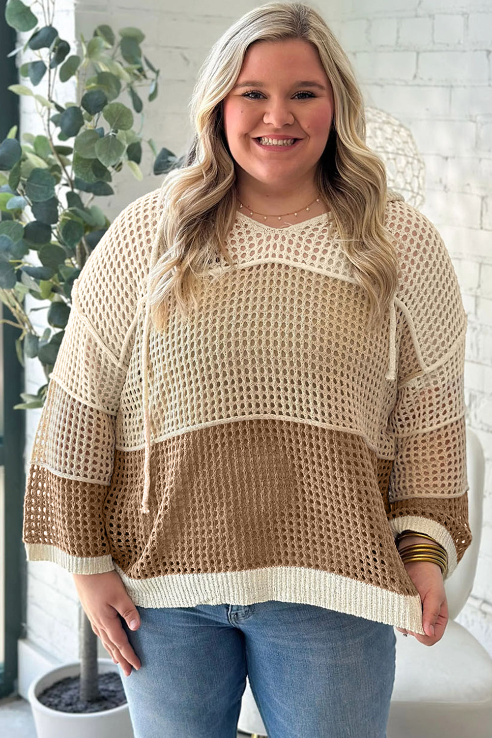 Parchment Colorblock Hollowed Knit Plus Size Hooded Jumper Sweater Plus Size Sweaters & Cardigans 38c3275a3c4f97ad