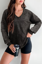 Mist Blue Mineral Wash Exposed Seam Buttoned V Neck Pullover Top Long Sleeve Tops 38c4b90ce43e3c69