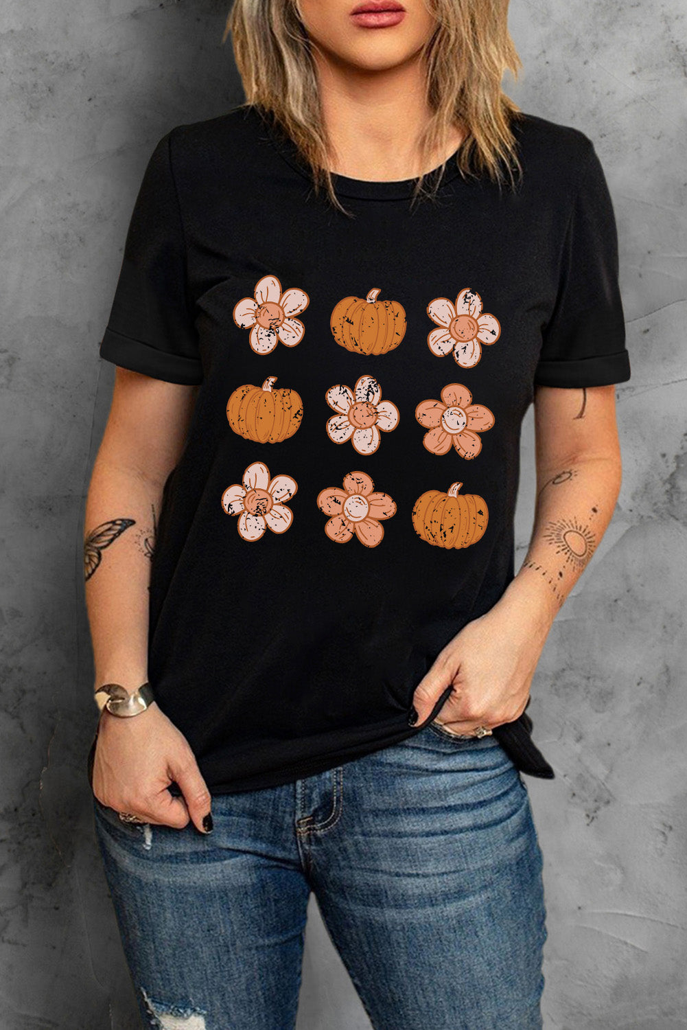 Black Pumpkin Flower Print Short Sleeve Graphic T Shirt Graphic Tees 38cff86db5980fe7