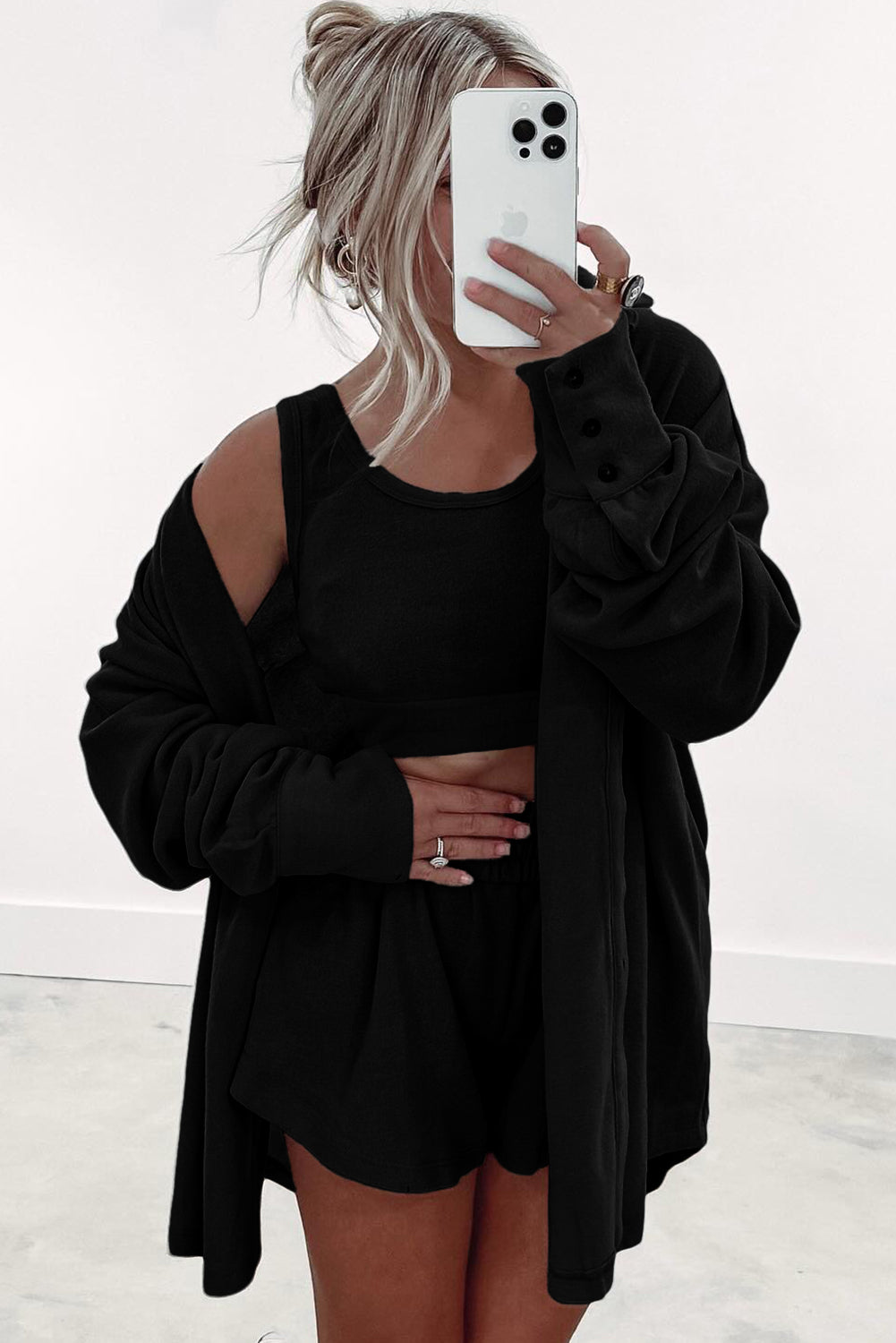 Gray Shirred Hem Crop Tank Top Loose Shorts Cardigan 3 Piece Pajama Set Loungewear Set 38d60b5767e1da53