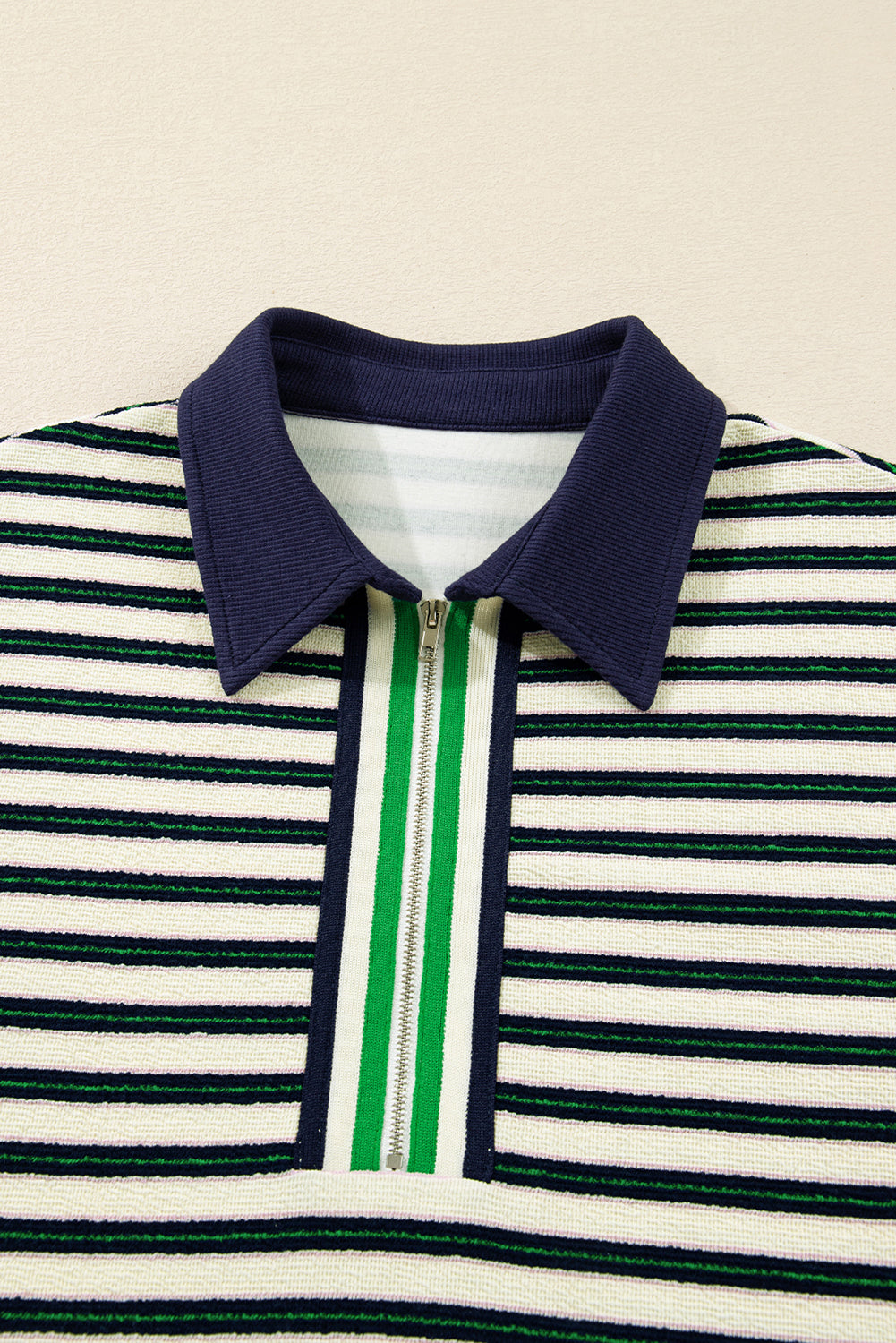 Navy Blue Pop of Color Zipper V Neck Striped Long Sleeve Top Long Sleeve Tops 38e115a6fd005868