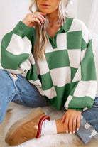 Mist Green Checkered V-Neck Collared Pullover Sweater Sweaters 38f908f3ed5f93c2