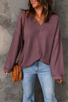 Purple Waffle Knit Split V Neck Drop Shoulder Long Sleeve Top Long Sleeve Tops 391088ff3619c15d
