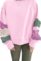 Pink Plus Size Mix Floral Patched Sleeve Ribbed Trim Baggy Sweatshirt Plus Size Tops 3922a54b256b2316