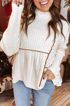 White Mix Texture Patchwork Contrast Stitch Mock Neck Sweater Sweaters 393970ede351e250