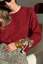 Racing Red Leopard Bow Decor Split Cuffs Contrast Trim Sweater Sweaters 395879b79e0fb1f7