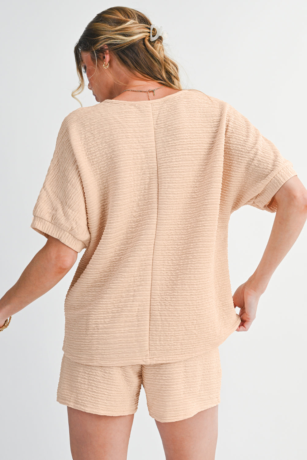 Pink Textured V Neck T Shirt and Shorts Set Two Piece Shorts Sets 3964a3baaba6f757