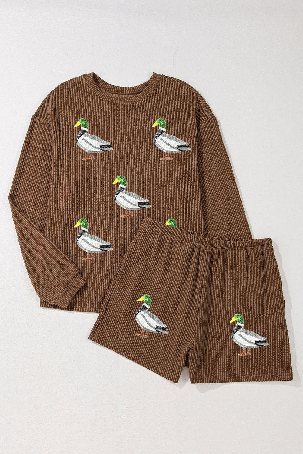 Chestnut Twisted Ribbed Mallard Duck Sequins Patch Long Sleeve Top and Short Set Graphic Apparel 39761f1c37d3ab89