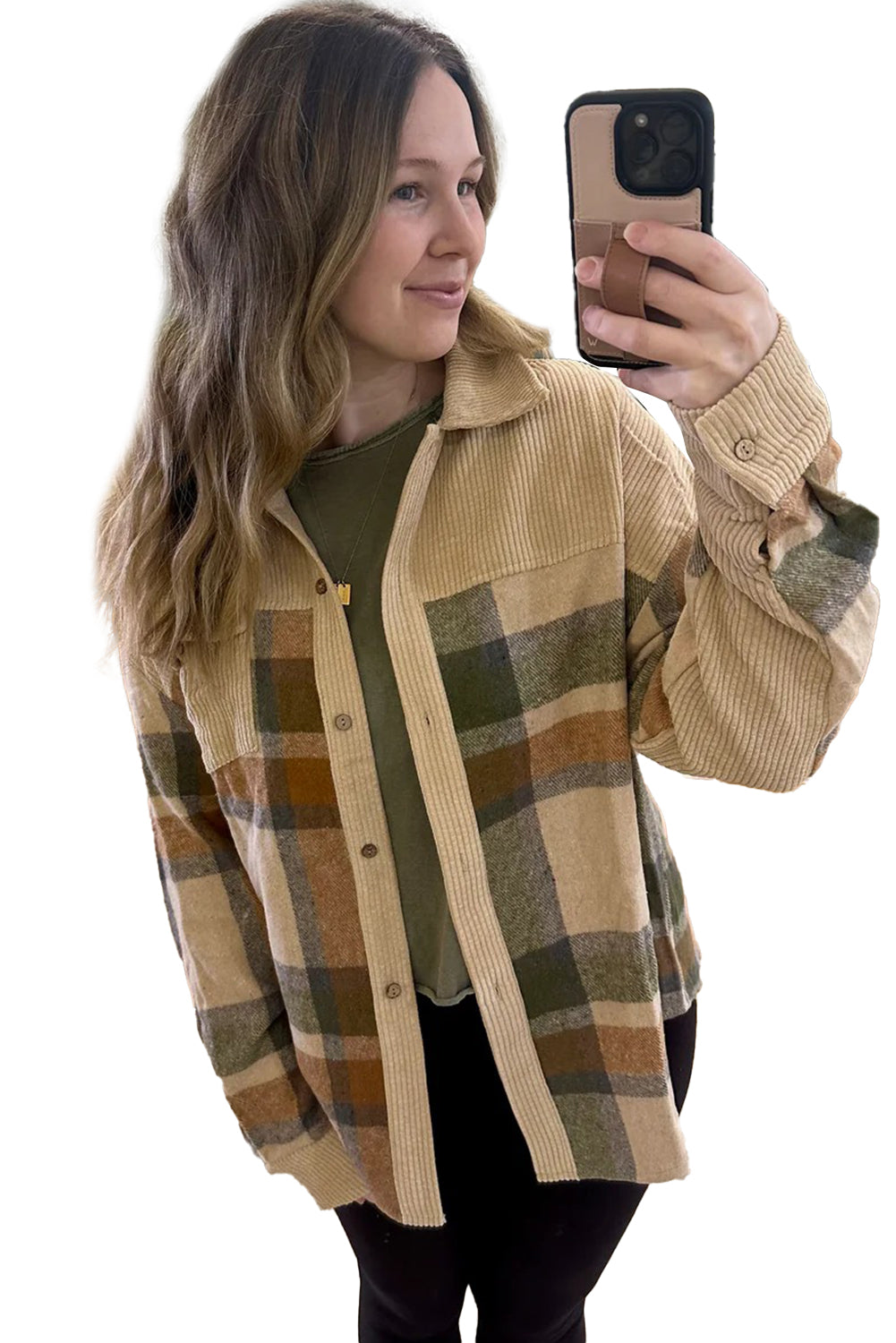 Parchment Plaid Patchwork Long Sleeve Shacket Jackets 398c1b07ac0ada66
