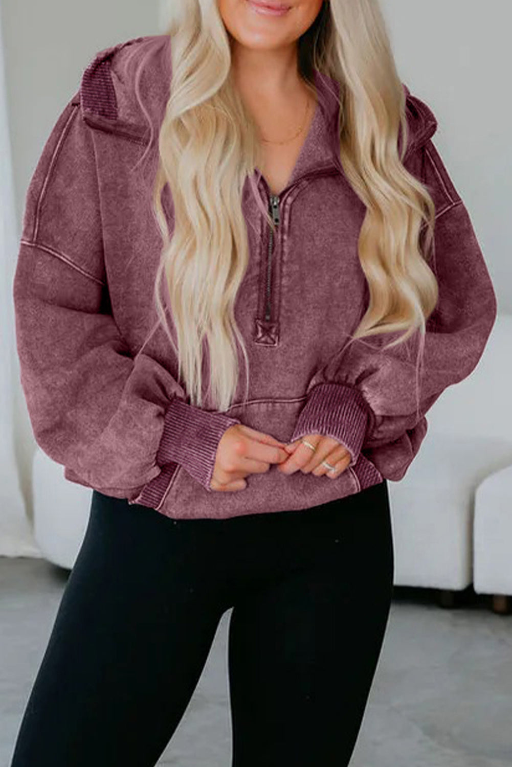 Black Half Zip Kangaroo Pocket Mineral Wash Baggy Hoodie Sweatshirts & Hoodies 39aa21d180df677f