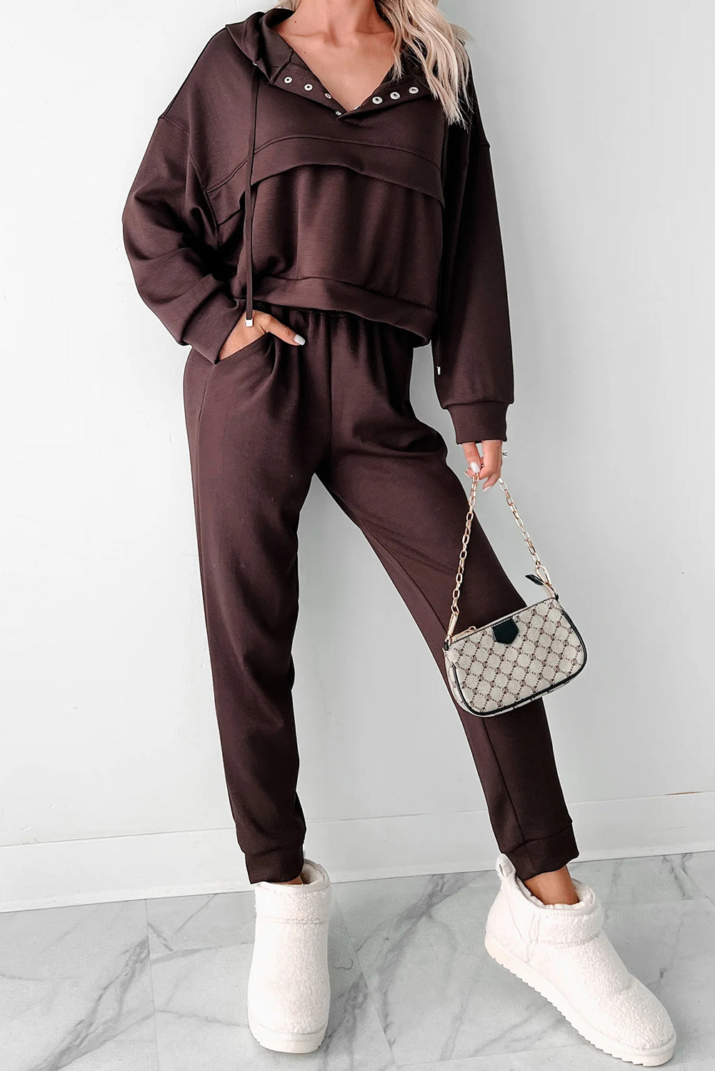 Chicory Coffee Button Drawstring Cropped Hoodie Sweatpants Set Two Piece Pants Sets 39de9f432f121a44