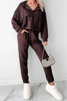 Chicory Coffee Button Drawstring Cropped Hoodie Sweatpants Set Two Piece Pants Sets 39de9f432f121a44