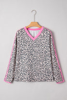 Khaki Leopard Print Contrast V Neck Varsity Stripe Detail Long Sleeve Top Long Sleeve Tops 39ecdd4f75c583ee