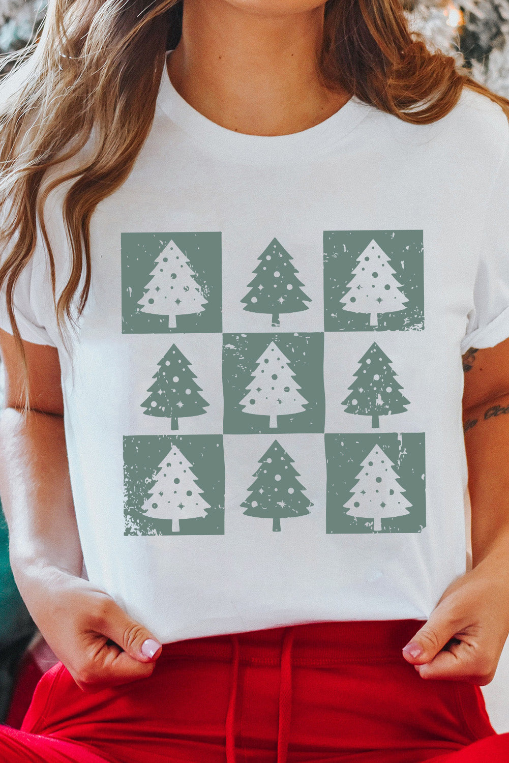 White Christmas Tree Checkered Distressed Heat Transfer Printing Graphic Tee Graphic Tees 39f79cd4bbcd0571