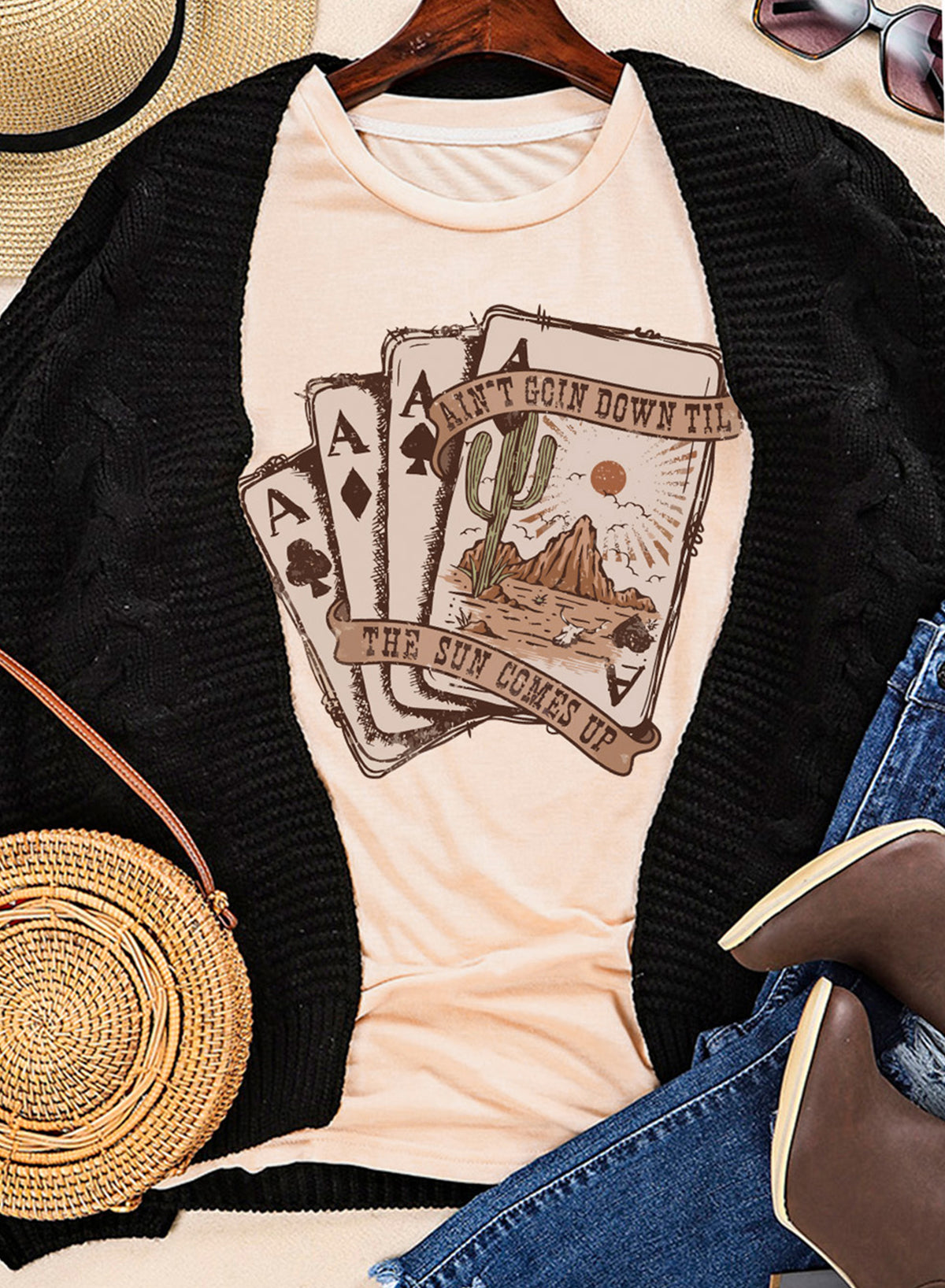 Khaki Western Poker Card Graphic T Shirt Graphic Tees 39fe9fda94e5e53e