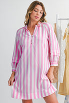 Rose Striped Long Sleeve Buttons Loose Mini Dress Short Dresses 3a2e480ecd1eadd3