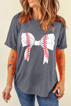 Gray Casual Baseball Bowknot Graphic Roll Up Sleeve Tee Graphic Tees 3a67e376fb438ad8