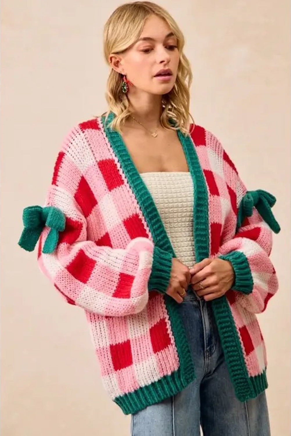 Pink Colorblock Checkered Open Front Knit Cardigan Cardigans 3a7596be508ce046
