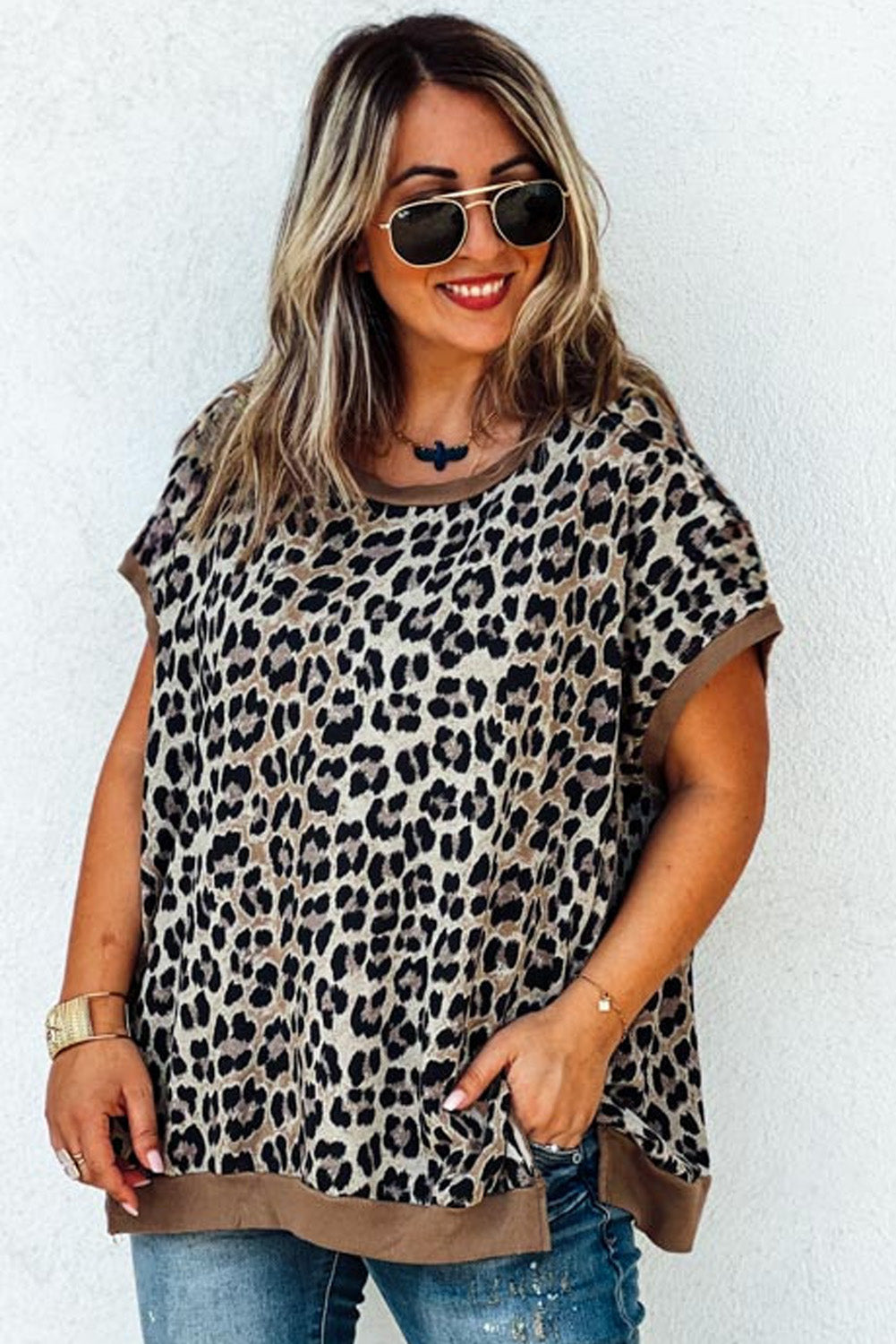 Khaki Leopard Contrast Trim Short Sleeve Loose Plus Size Top Plus Size Tops 3a8a9e83752e40bc