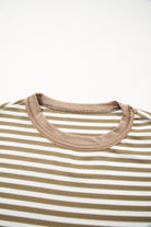 Khaki Stripe Patchwork Knit Drop Shoulder Top Long Sleeve Tops 3a8e8bcf1e9a240b