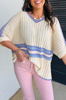 White Striped V Neck Dolman Sleeve Knit Sweater Sweaters 3aa7faff83e5be75