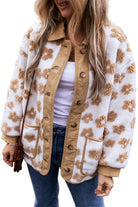 Light French Beige Cute Flower Pattern Button Up Fleece Jacket Jackets 3ab2f9854e40fef2