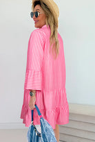 Pink Stripe Flare Sleeve Half Placket Tiered Flowy Mini Dress Short Dresses 3abc4f569d3ca151