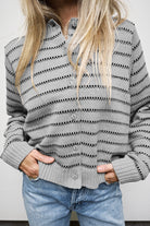 Gray Stripe Button Front Ribbed Trim Short Cardigan Cardigans 3af6632fd0a4808f