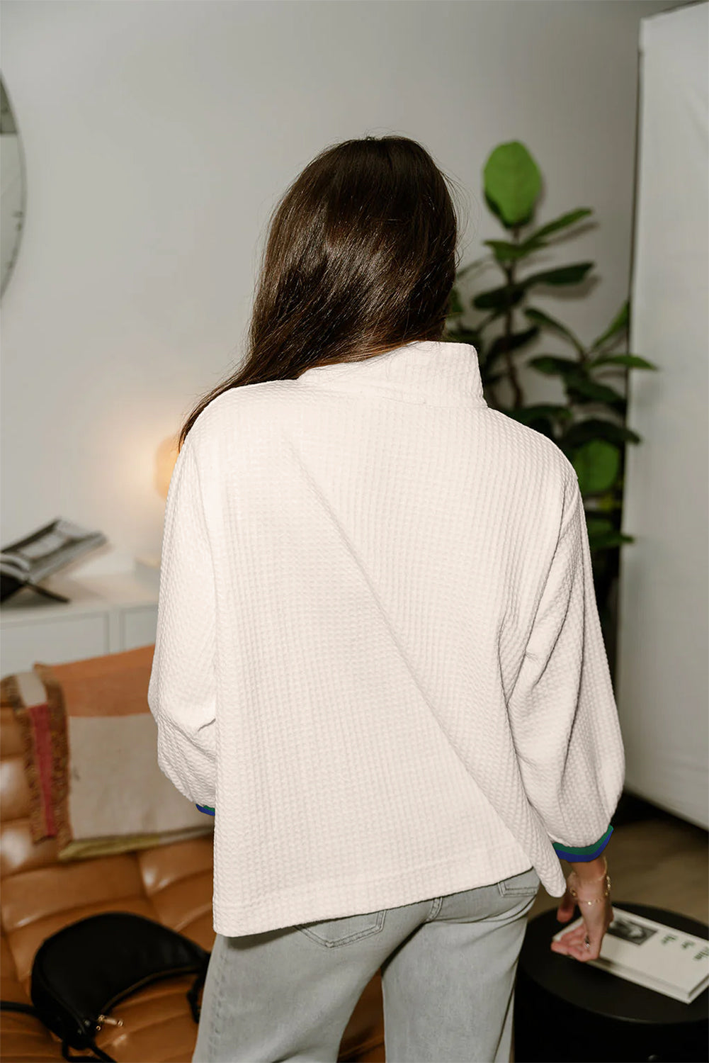 White Waffle Textured Contrast Polo Neck Zip up Jumper Long Sleeve Tops 3b0864c7d6a35af5