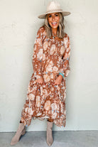 Brown Floral Print Shirred Square Neck High Waist Maxi Dress Maxi Dresses 3b1a4f4c680c7988