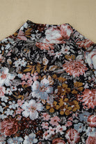 Brown Floral Print Mesh Mock Neck Slim Top Long Sleeve Tops 3b2a19a1517369bf