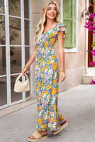 Yellow Floral Allover Print Shirred Cut Out High Waist Jumpsuit Jumpsuits 3b2dc87a3bf17797