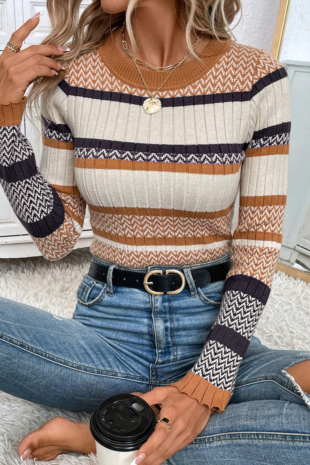 Brown Stripe Chevron Pattern Knitted Ribbed Trim Slim Fit Sweater Sweaters 3b3f9cfc5559c868