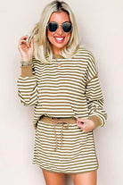 Brown Stripe Textured Drop Shoulder Pullover Top Drawstring Mini Skirt Two Piece Dress Set Two Piece Skirt Sets 3b44ab499dfd61c0