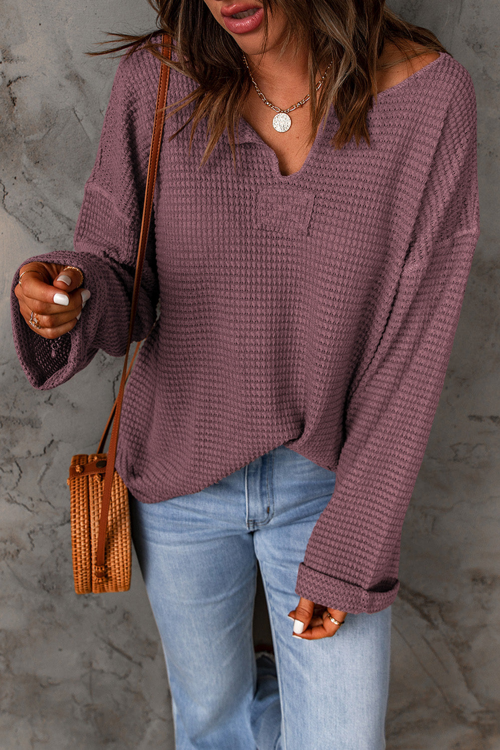 Purple Waffle Knit Split V Neck Drop Shoulder Long Sleeve Top Long Sleeve Tops 3b4935022c207f71