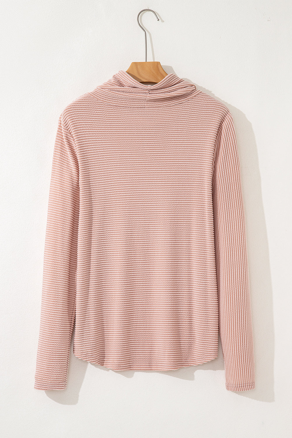 Apricot Pink Horizontal Twist Ribbed Drawstring Cowl Neck Knit Top Long Sleeve Tops 3b53ba0afb6928ba