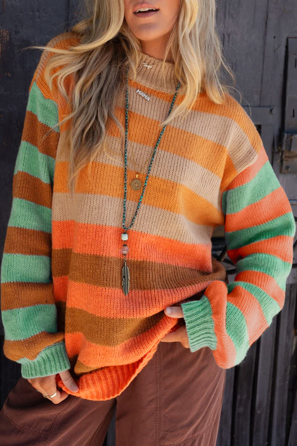 Orange Striped Colorblock High Neck Drop Shoulder Cozy Sweater Sweaters 3b5994da6106e815