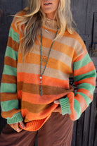 Orange Striped Colorblock High Neck Drop Shoulder Cozy Sweater Sweaters 3b5994da6106e815