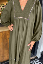 Green Collared V Neck Smocked Detail Contrast Leopard Trim Long Dress Midi Dresses 3b5a8ac3dba246c7