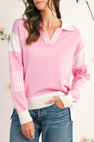 Sky Blue Striped V Neck Collared Colorblock Patchwork Sweater Sweaters 3b63308146dd1326