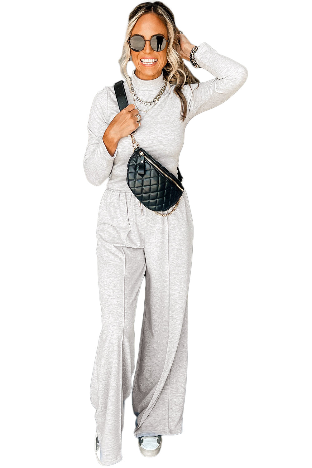 Light Grey Long Sleeve High Neck Slim Top Smocked Waist Central Seam Pants Set Two Piece Pants Sets 3b68dc0b64760d2f