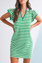 Dark Blue Striped Ruffle Short Sleeve Pop of Color Neckline Dress Short Dresses 3b6c81f90cfd14b7