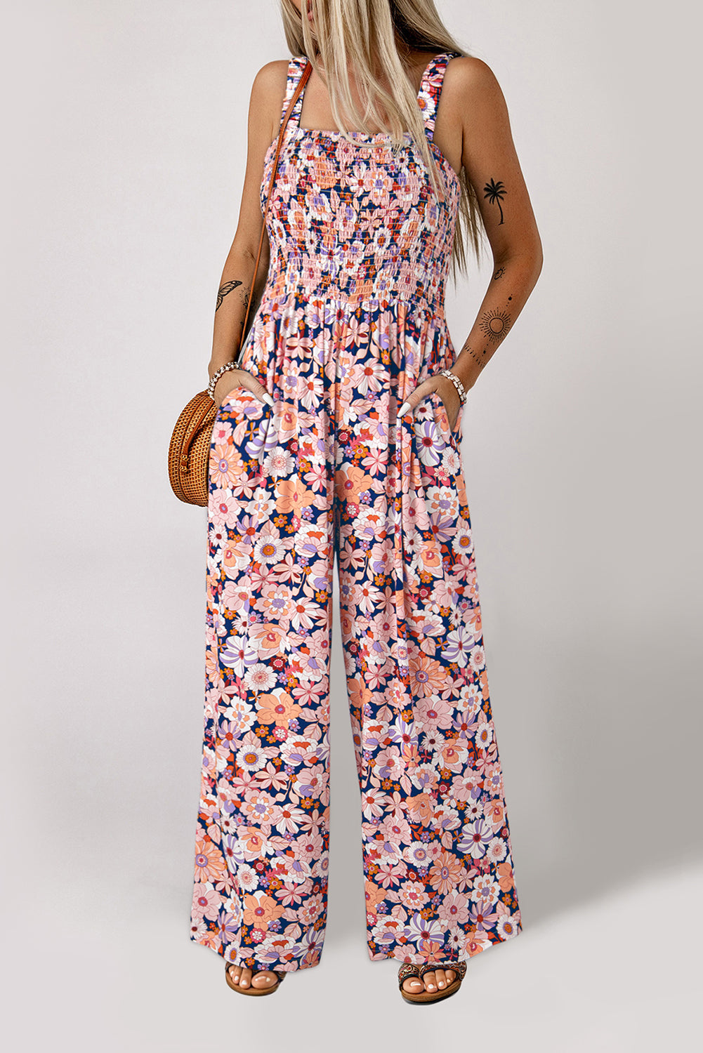 Green Floral Square Neckline Stretch High Waist Jumpsuit Jumpsuits 3b77b45ab7961a0b